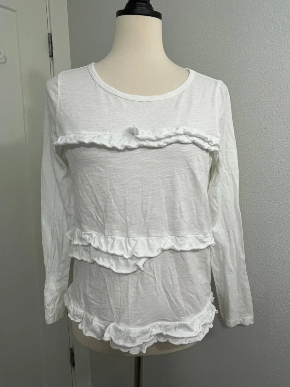 J.Crew Size Small White Ruffle Long Sleeve Top